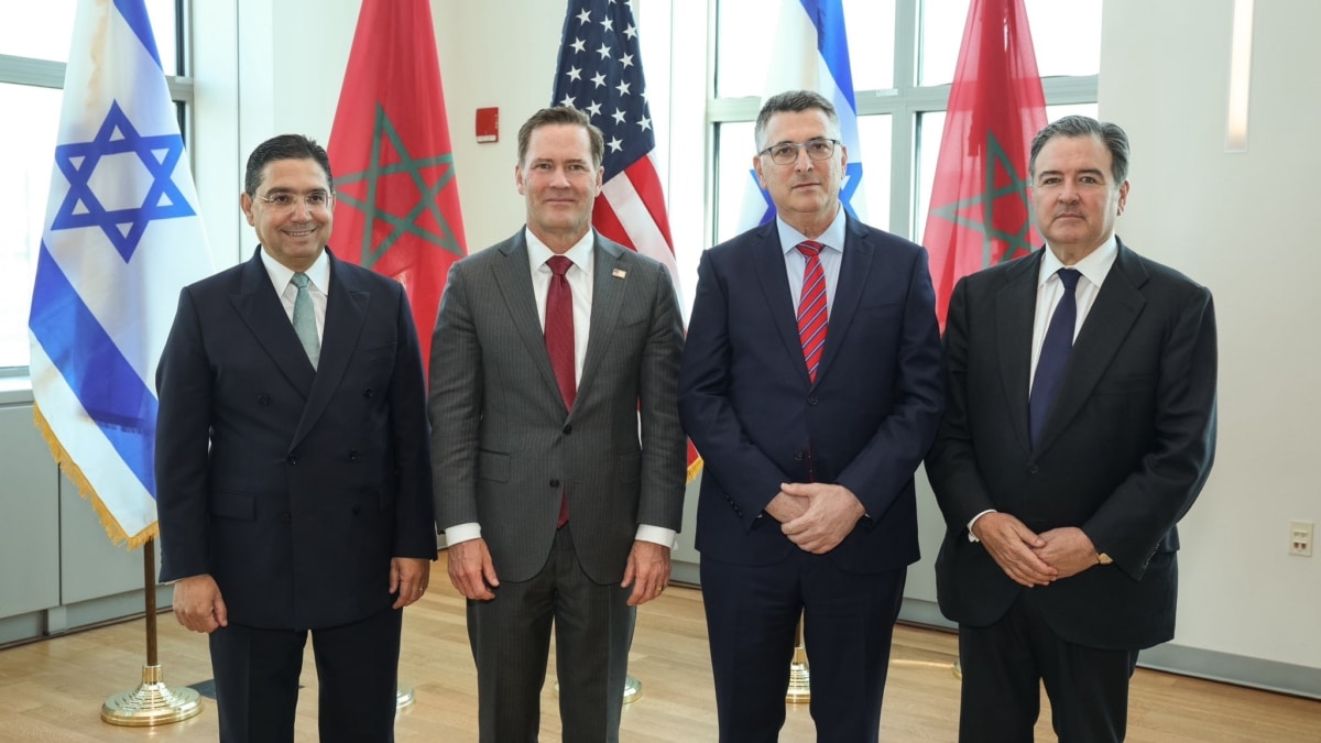El ministro de Asuntos Exteriores marroquí, Nasser Bourita, el Embajador de EEUU ante la ONU, Mike Walts, y el ministro de Asuntos Exteriores israelí, Gideon Saar